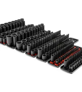 TEKTON 230-Piece 1/4, 3/8 & 1/2 Inch Drive 6-Point Impact Socket Set – SAE & Metric with Rails and Trays (SID99200)
