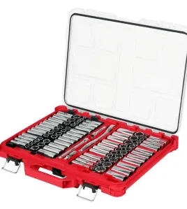 Milwaukee 98-Piece 3/8-Inch Drive 6-Point &amp; 12-Point Metric and SAE Ratchet &amp; Socket Set with PACKOUT Low-Profile Organizer – 48-22-9285