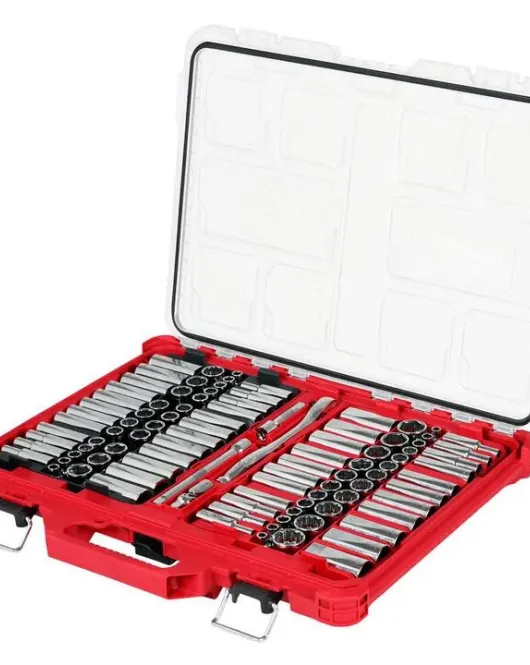 Milwaukee 98-Piece 3/8-Inch Drive 6-Point & 12-Point Metric and SAE Ratchet & Socket Set with PACKOUT Low-Profile Organizer – 48-22-9285 Milwaukee 98-Piece 3/8-Inch Drive 6-Point & 12-Point Metric and SAE Ratchet & Socket Set with PACKOUT Low-Profile Organizer – 48-22-9285