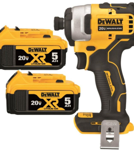 DEWALT 20V MAX Brushless Atomic Compact 1/4 Inch Impact Driver – 20V MAX XR 5Ah Battery 2-Pack Bundle