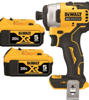 DEWALT 20V MAX Brushless Atomic Compact 1/4 Inch Impact Driver – 20V MAX XR 5Ah Battery 2-Pack Bundle