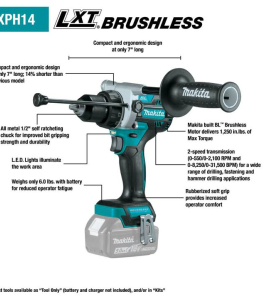 Makita 18V LXT Brushless 1/2-Inch Hammer Driver Drill – High Torque Cordless (Bare Tool)