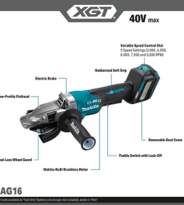 Makita 40V Max XGT Brushless 5-Inch Paddle Switch Flathead Grinder – Variable Speed with Electric Brake (Bare Tool)