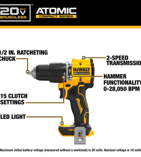 DEWALT ATOMIC 20V MAX Brushless 1/2-Inch Cordless Hammer Drill – Compact, Bare Tool