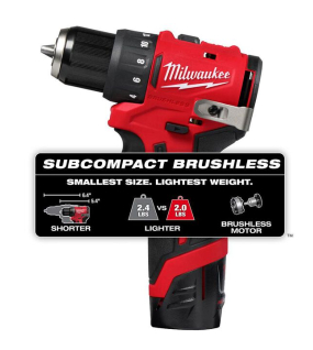 Milwaukee M12 Subcompact Brushless 12V 3/8-Inch Drill/Driver Kit – Cordless Compact Drill with Battery & Charger