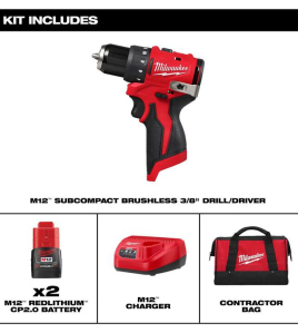 Milwaukee M12 Subcompact Brushless 12V 3/8-Inch Drill/Driver Kit – Cordless Compact Drill with Battery &amp; Charger