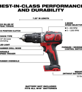 Milwaukee M18 FUEL 18V Compact 1/2-Inch Hammer Drill/Driver – Bare Tool, Brushless Cordless Drill