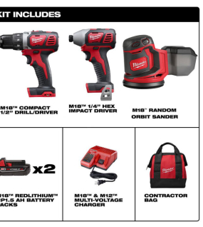 Milwaukee M18 18V Drill Driver, Impact Driver & Random Orbit Sander 3-Piece Combo Kit – Cordless Brushless Tools with Battery & Charger
