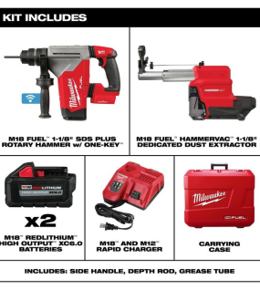 Milwaukee M18 FUEL 18V 1-1/8 Inch SDS Plus Rotary Hammer with ONE-KEY & Dust Extractor Kit