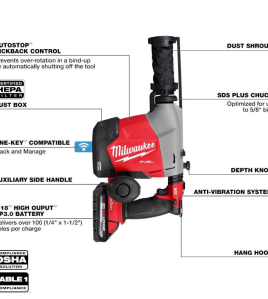 Milwaukee M18 FUEL 18V Overhead Rotary Hammer with Integrated Dust Extraction – Professional Cordless SDS Plus Drill