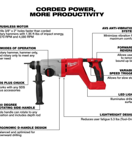 Milwaukee M18 FUEL 18V 1-Inch SDS Plus Rotary Hammer D-Handle – Bare Tool, Cordless Brushless Drill